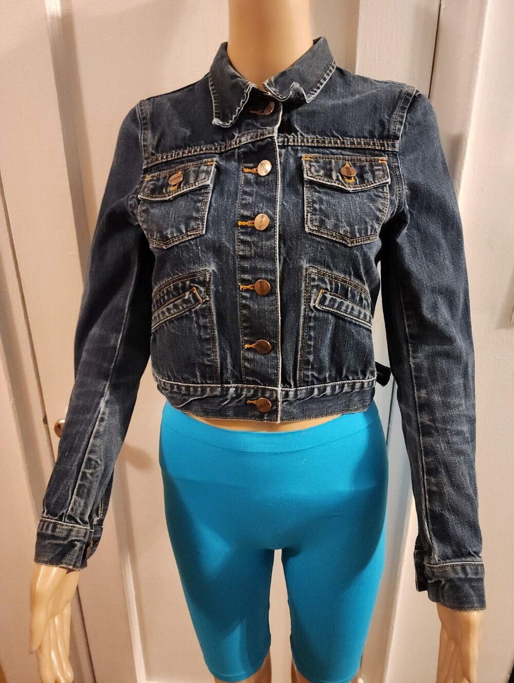 H&M Dividend Jean Jacket Dark Blue Wash  Denim Size 2 XS Front Open Pockets